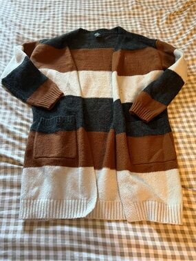 Striped Open-Front Cardigan Sweater - Brown/Black/Cream